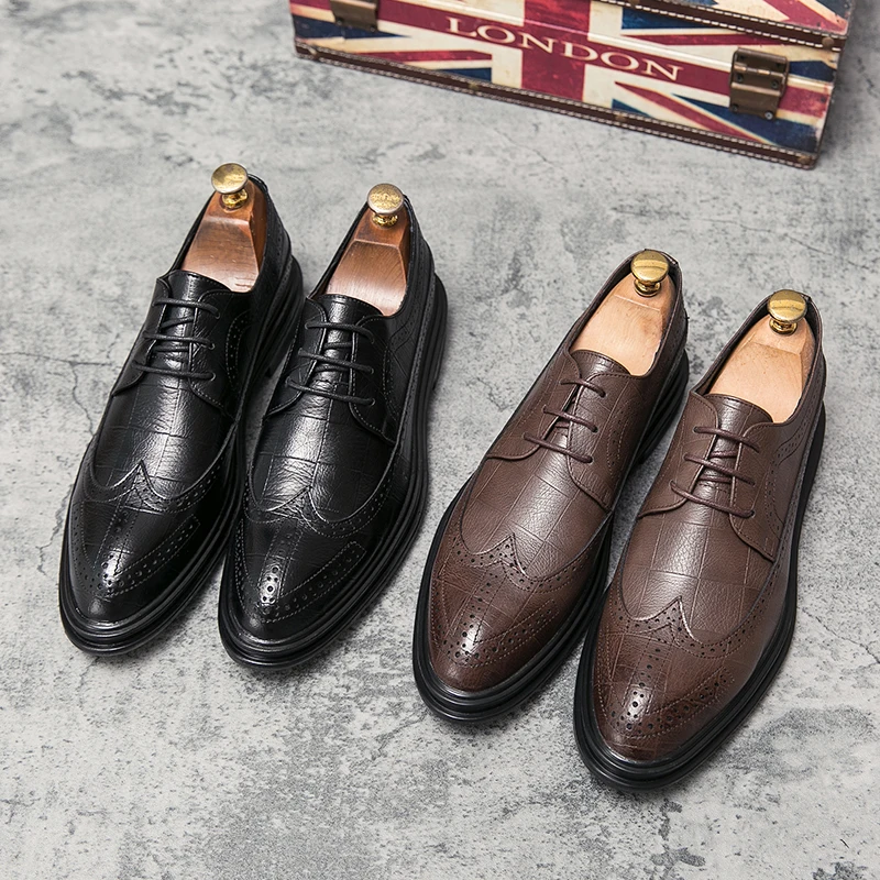 

FIXSYS Leather Men Business Shoes Pointed Toe Oxford Shoes Classic Lace-up Office Wedding Formal Shoes Vintage Male Brogue Shoes