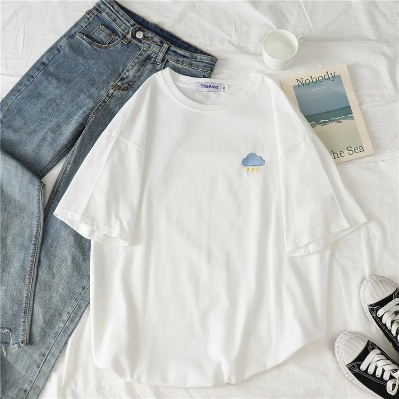 Сезон лето Западная мода Новинка В стиле Харадзюку с забавной вышивкой футболка