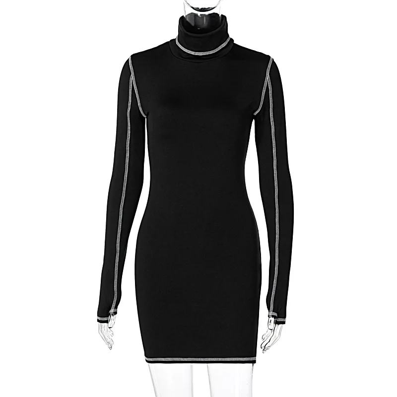 

2020 Long Sleeve High Neck Patchwork Sexy Mini Dress Autumn Winter Women Fashion Streetwear Outfits Stretchy Y2K Dresses