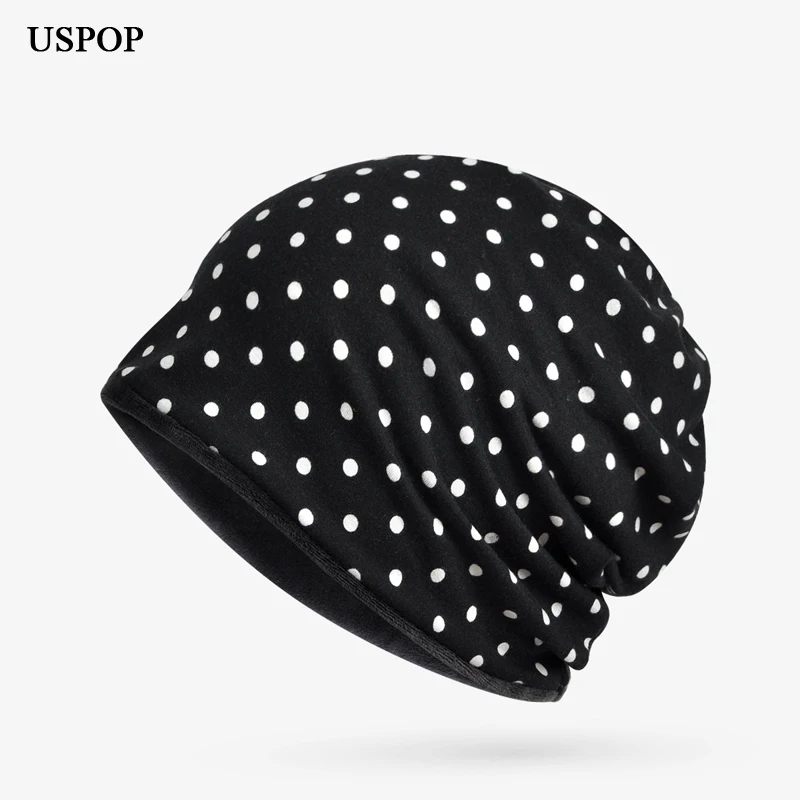 USPOP, новинка, женские бини, повседневные, с бархатной подкладкой, skullies, женская шапка в горошек, многофункциональная, зимняя, толстая, теплая шапка