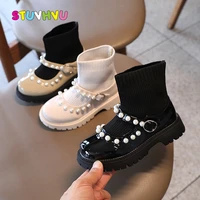 autumn booties for kids princess shoes girl ankle boots fashion pearl leather children martin boots knit set foot single shoes
