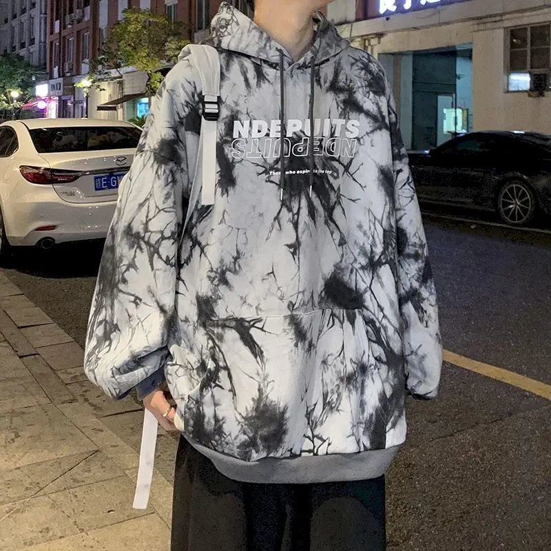 

Hoodie Oversized Sweatshirt Hooded Pullover Tie-dye Men Clothes Sweaters Autumn Winter Plus Velvet Loose Trendy Male Clothing