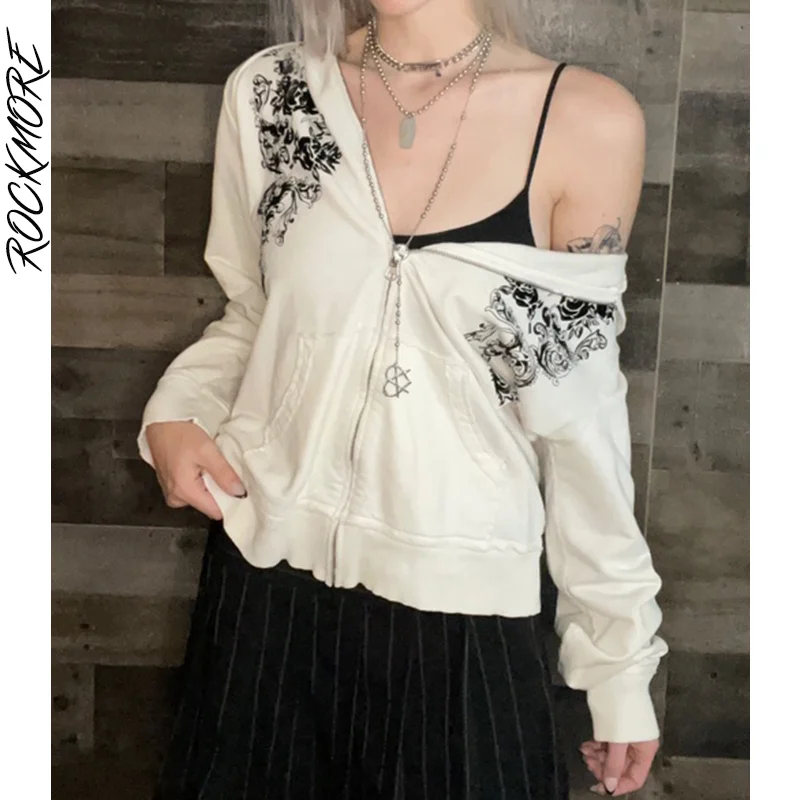

Rockmore Vintage Print Hoodie Women'S Jacket Autumn Zip Up Sweatshirts Harajuku Casual Overcoat Korean Coat Grunge Fairycore Y2K