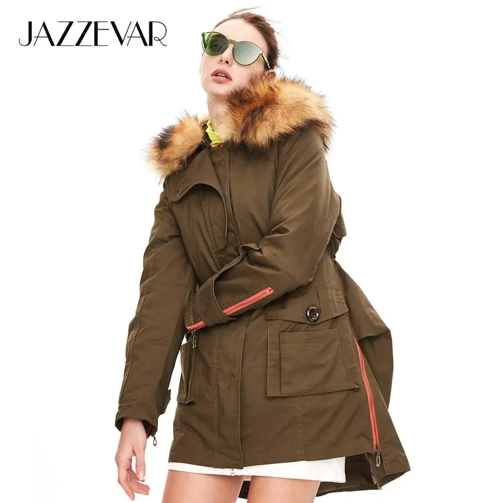 JAZZEVAR Новинка зимняя куртка пальто женские парки армейский зеленый большой воротник из меха енота с капюшоном женская верхняя одежда свободная одежда