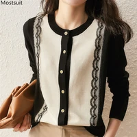 spring autumn fashion elegant women knitted cardigan lace patchwork single breasted sweater ladies jumper korean 2021