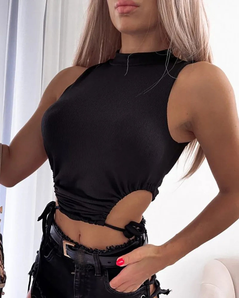 

hirigin Waist Hollow Out Lace-up Tank Vest Sexy Women Tube Tops Cropped 2021 Sleeveless Turtleneck Bodycon Causal Solid Camis