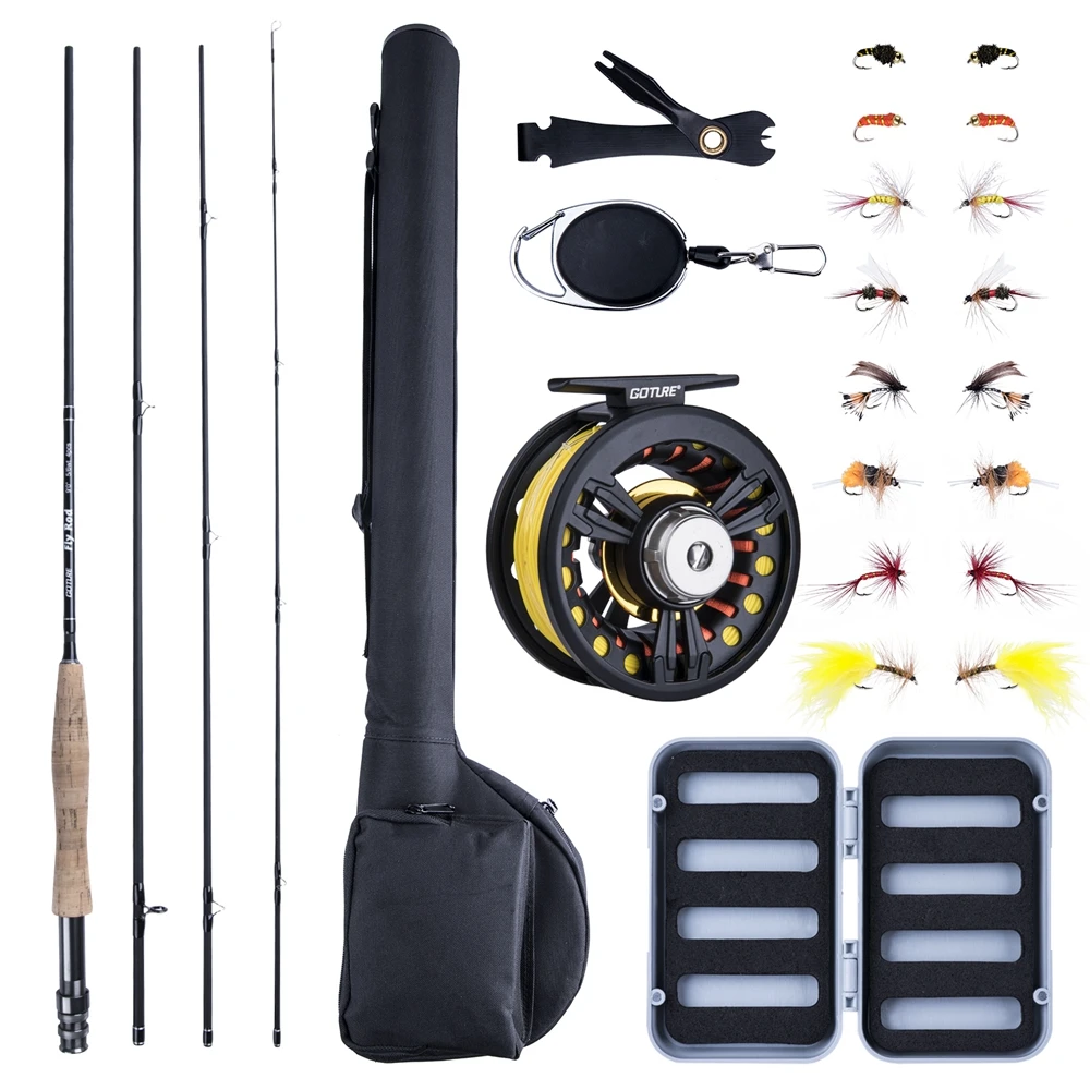 Goture 5/6M Fly Fishing Combo 9FT Carbon Fiber Fly Rod CNC Machined Fly Reel Line Lures Bag Full Accessories Set WIth Tackle Box