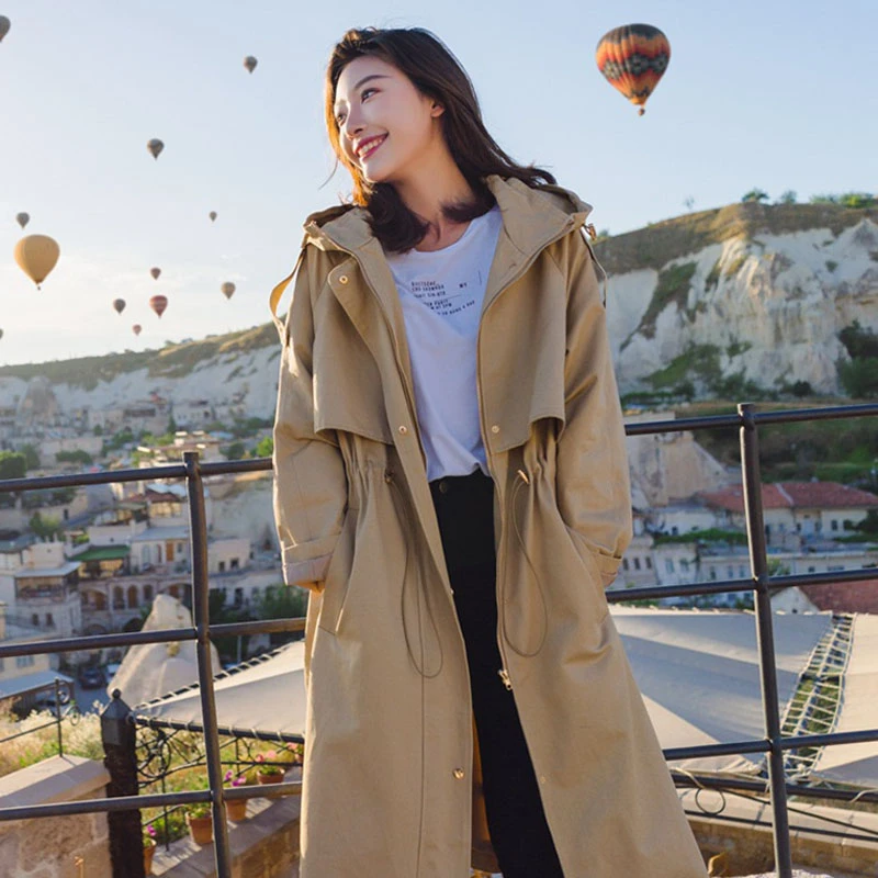 Женская Длинная ветровка с капюшоном демисезонное Свободное пальто до колена