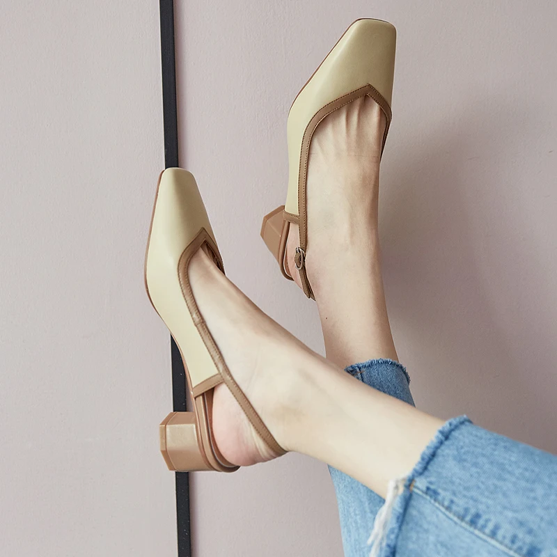 

Fashion slingbacks Shoes Woman Heels Genuine Leathers Metal Buckle low Heels Pumps Quality Wedding Office Lady Shoes For Women