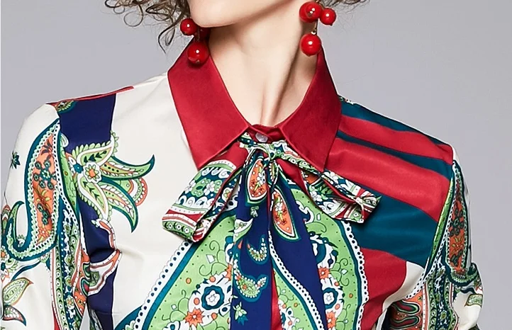 

CBAFU runway pant suit spring summer print two piece set bow collar long sleeve blouse office lady tops female trousers M348