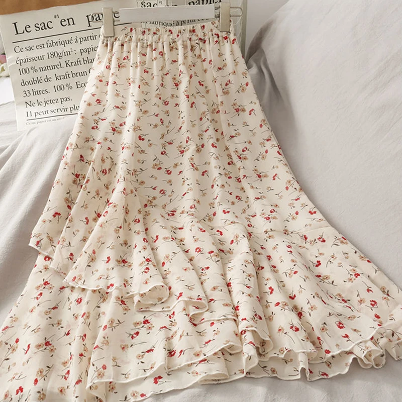 

Mid-length Chiffon Pleated Refreshing Skirt Female Summer New Harajuku High Waist A-line Floral Irregular Ruffle Skirt Met Y2K