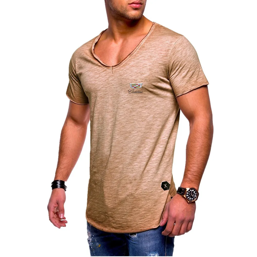 

2021 new men's V-neck CADILLAS car logo printing T-shirt fitness fitness T-shirt summer short-sleeved casual cotton top for men