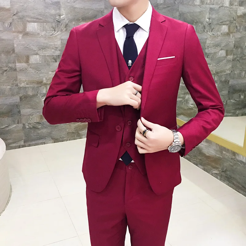 Красный новый стиль мужской костюм в Корейском стиле приталенный комплект из