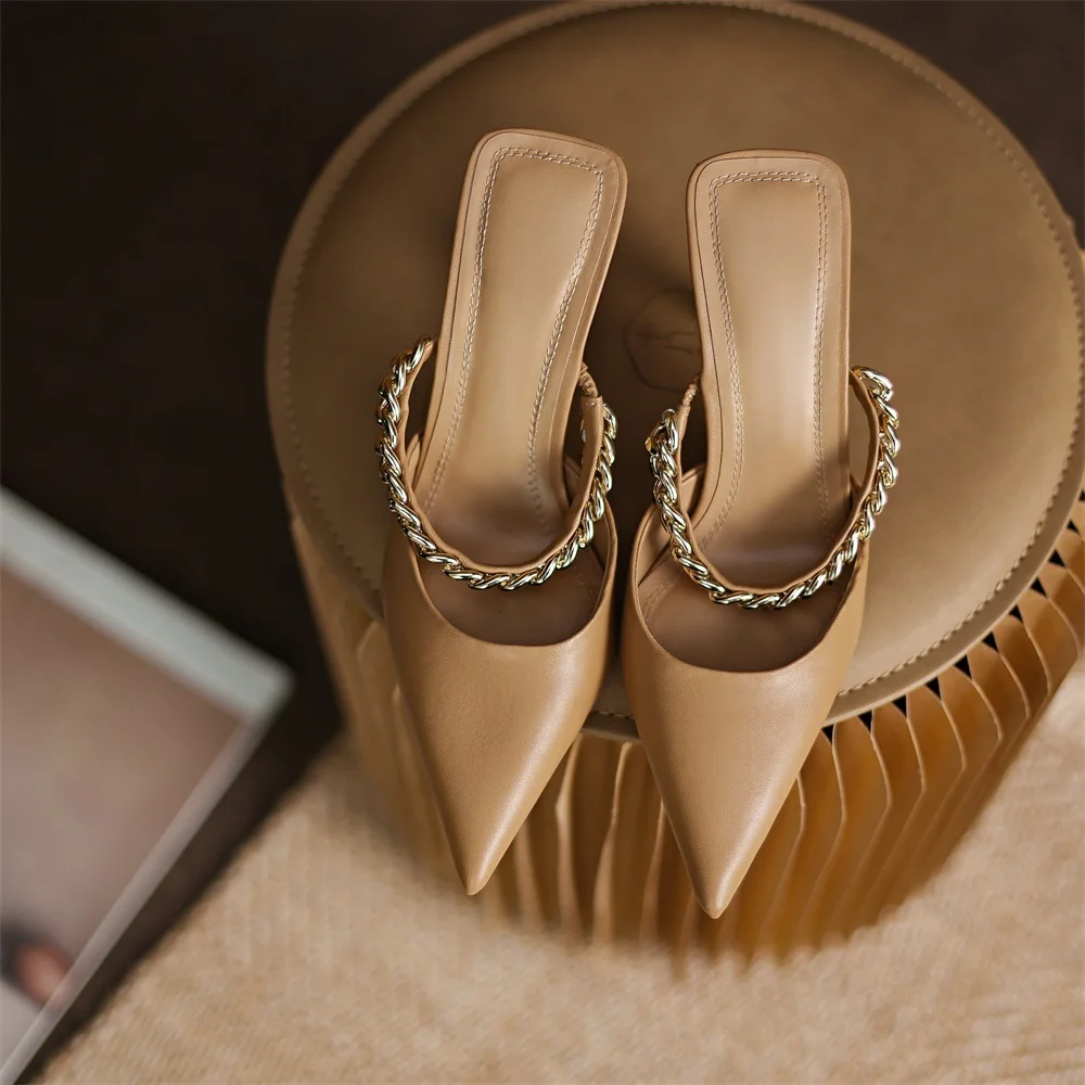 Kanseet Pointed Toe Women Slippers Chain Decoration Summer Shoes Genuine Leather 2021 New Handmade High Heels Slippers Women