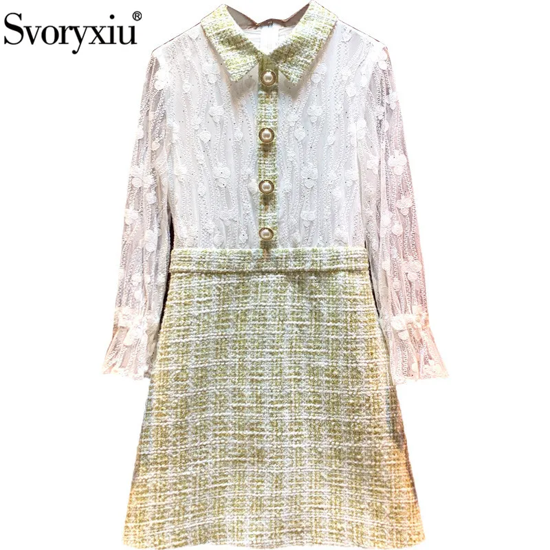 

Svoryxiu Elegant Office Lady Autumn Winter Lace Embroidery Patchwork Tweed Dress Women's Designer Fashion Long Sleeve Dress
