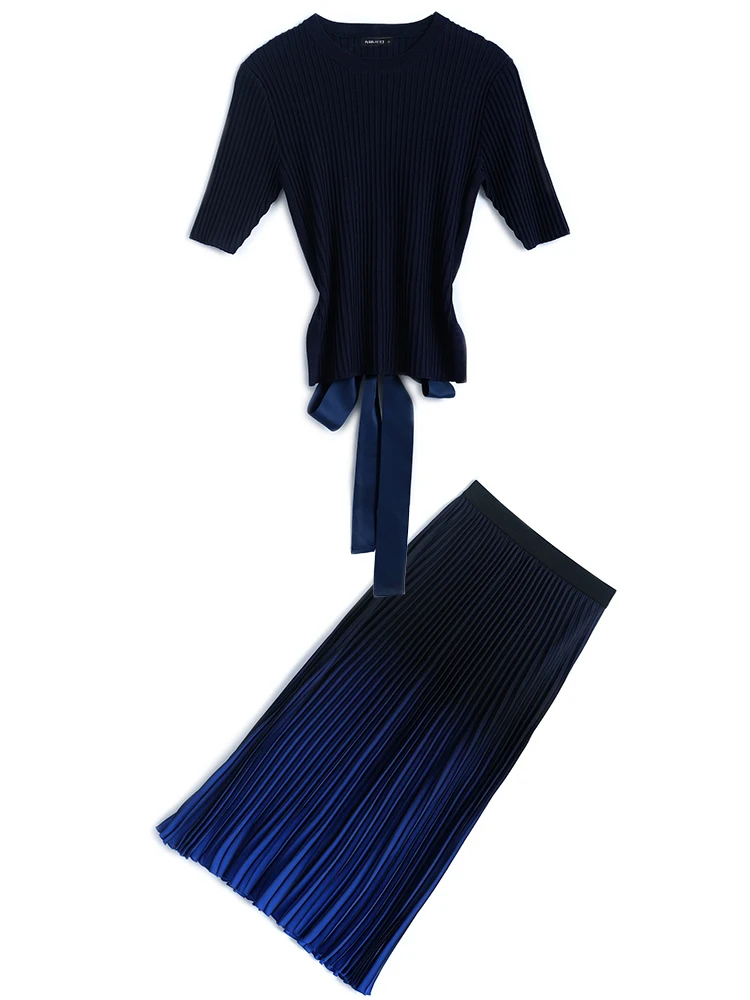 

PYJTRL Slim-Fit round Neck Half-Sleeve Shirt Knitted T-shirt + Pleated Skirt Suit Women's 2020 Early Autumn New