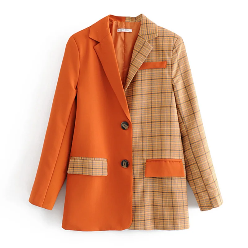 Женский клетчатый блейзер в стиле пэчворк оранжевый официальный с карманами