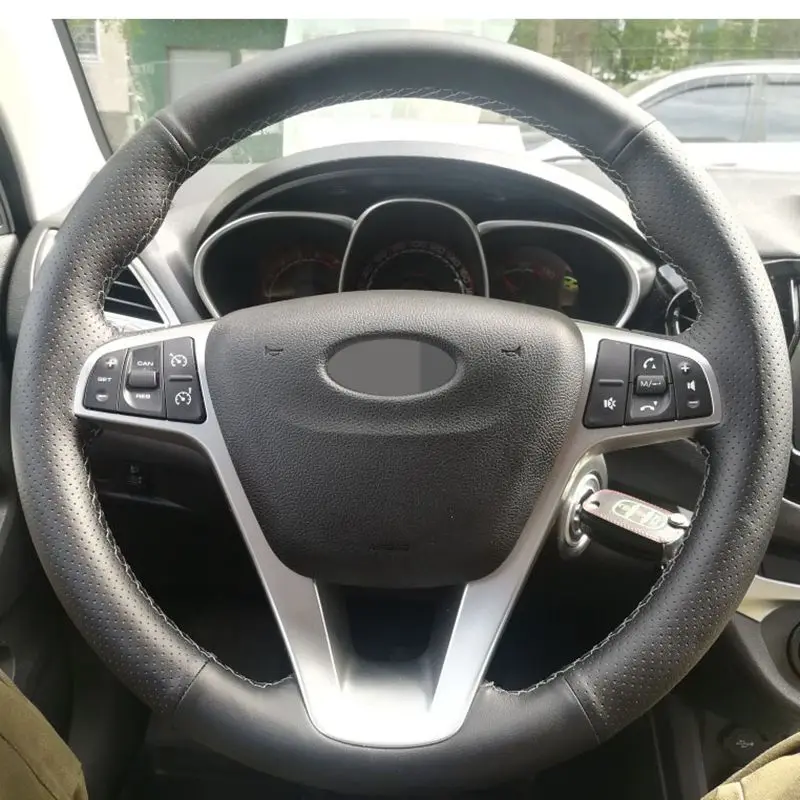DIY черный прошитый вручную чехол рулевого колеса автомобиля из искусственной