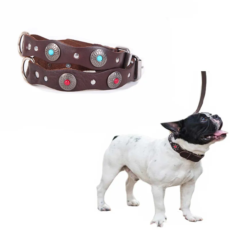 Регулируемый ошейник для собак из натуральной кожи с натуральным камнем яркий