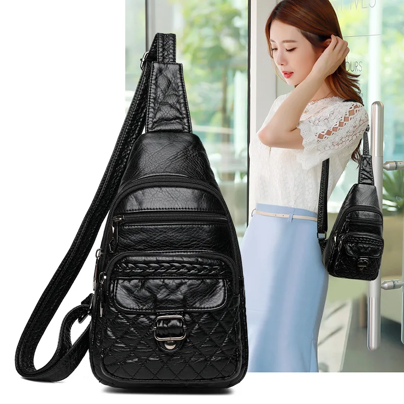 

fashion Large-capacity leisure soft leather small chest bag women's light black casual handbag trend simple messenger bag women