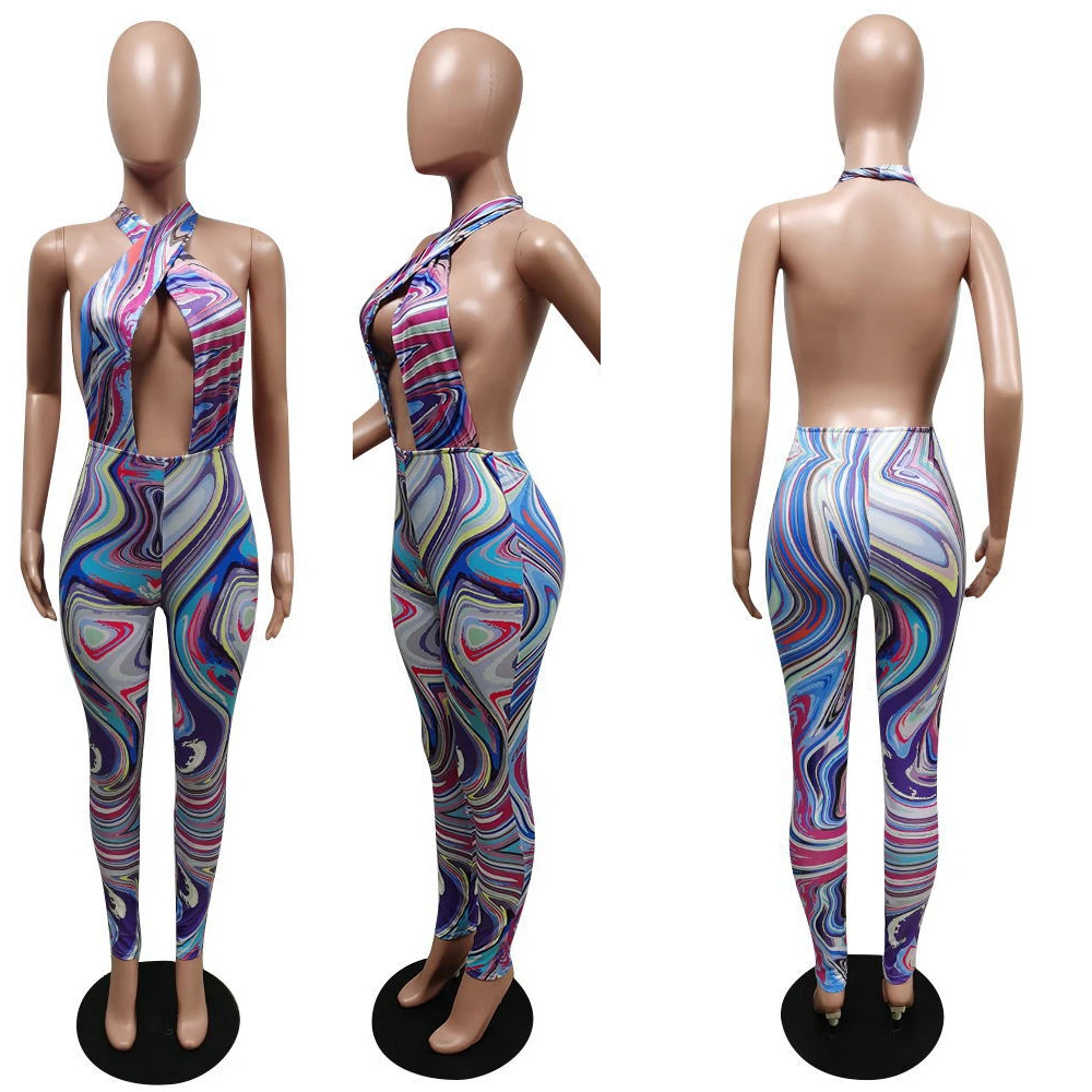 

Fashion Print Halter Sleeveless Hollow Out Party Clubwear Skinny Jumpsuit Women Summer Backless Bandage Outfit Rompers Overalls