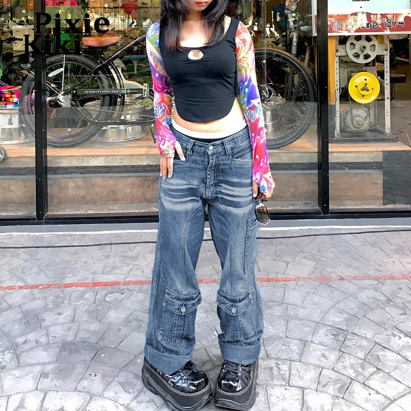 

PixieKiki Y2k Grunge Cute Low Rise Baggy Jeans Woman Streetwear Vintage Clothes Long Cargo Pants Women Denim Trousers P67-EA48