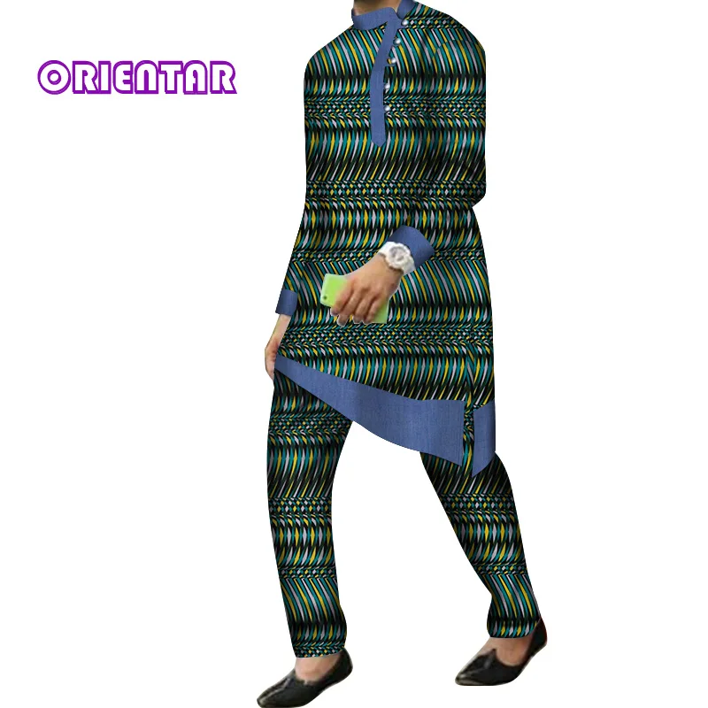 2 2 Pieces Set Men African Clothes Long Sleeve Shirt and Pants Traditional African Bazin Riche Print Dashiki Suit Trousers WYN844 - Цвет: 2