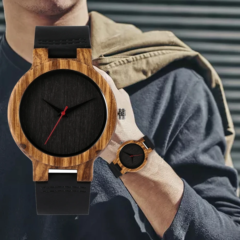 

Simple Wood Watch Men's Retro Round Wooden Clock for Men Natural Bamboo Genuine Leather Wristwatch Quartz Watches Relojes Hombre