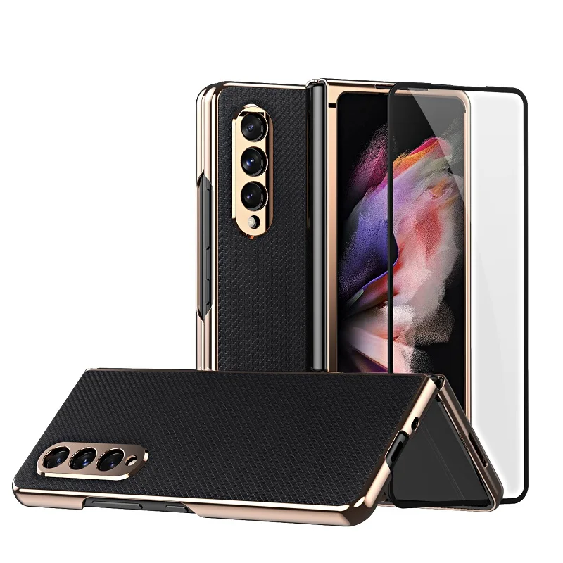 

360 Full Protection Bracket Case For Samsung Galaxy Z Fold 3 5G Phone Cover Carbon Fiber Texture Case with Front Glass Capa