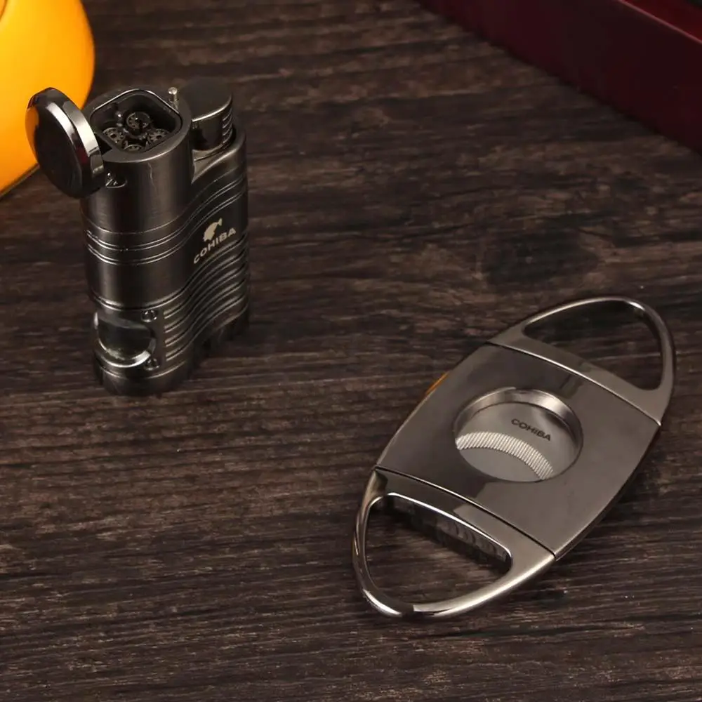 COHIBA Set Windproof 4 Torch Cigar Lighter Butane Lighters Pocket Metal Cigars Cutter Sharp Blade Stainless Steel W/ Gift Box | Дом и сад