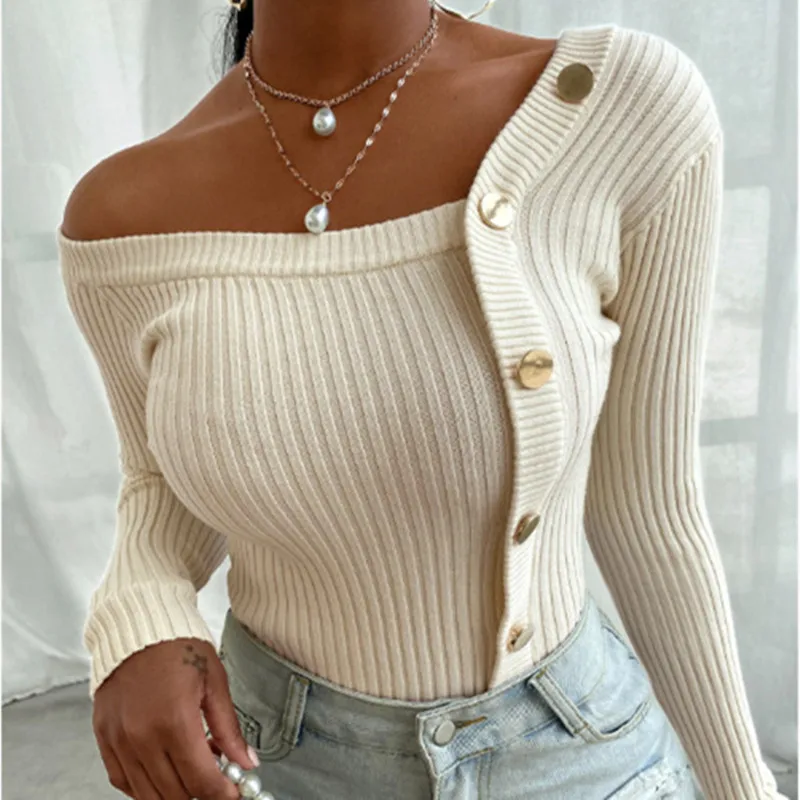 

Women Fashion Elegant Knitted Tops Long Sleeve Off Shoulder Sexy Casual Slim Buttons Top Femme Ladies Solid Sweaters Fall Spring