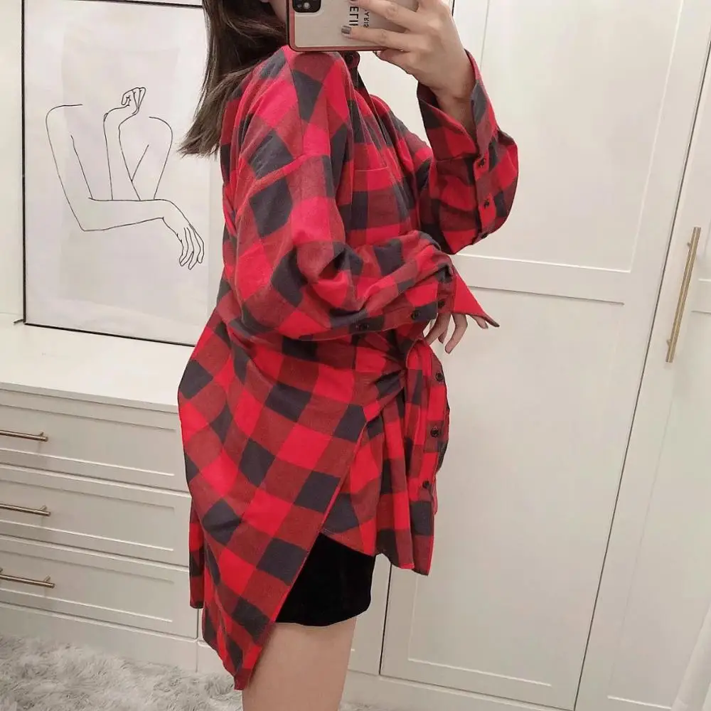

2020 New Women Multiway Check Shirt Long Cuffed Sleeves Collared Tops Fashion Design Women Shirts Femme Mujer blusas