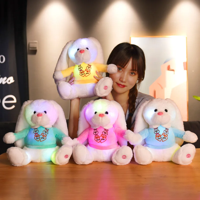 28CM Kawaii Luminescent Rabbit Plush Toys Lovely Bunny in Clothes Dolls Colorful Light Animal Pillow Stuffed for Children