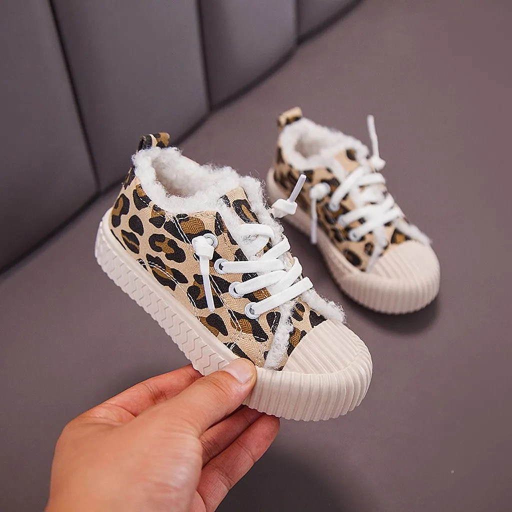 Children baby child girl boy fashion plus velvet lace sneakers winter warm leopard flat comfortable casual shoes | Детская одежда и