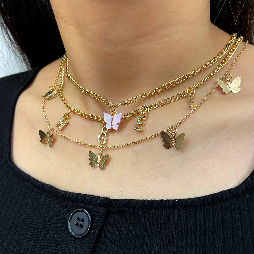 

New Multi Layer Rhinestone Angel Letters Butterfly Charms Necklace For Women Golden Layered BOHO Clavicle Chain Wedding Jewelry