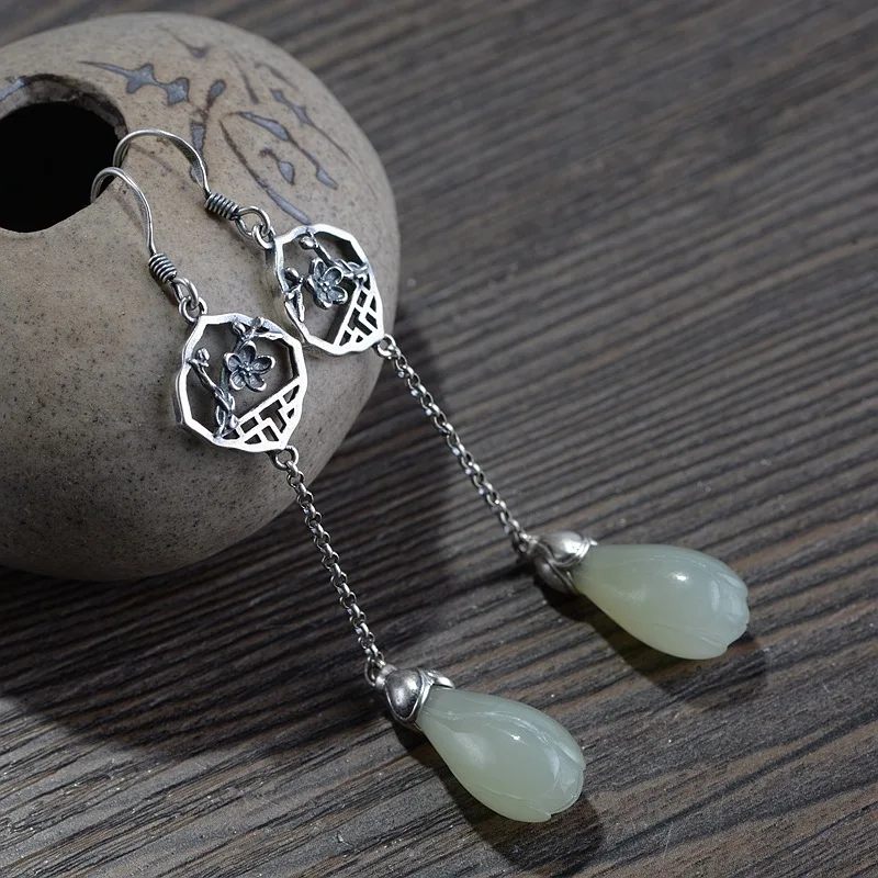 

S925 Silver Natural Hetian Jade Hollow Small Flower Earrings Style Retro Craftsmanship Small Delicate Tassel Silver Jewelry