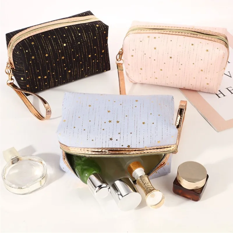 

Golden Shiny Stars Women's Cosmetic Bag Makeup Organizer Female Travel Toiletry Kit Zipper Storage Bags for Girls Beauty Cases