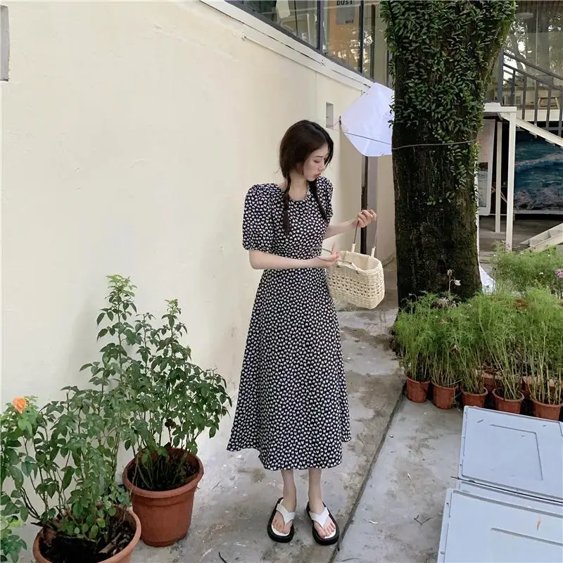 

Summer Women's Floral Chiffon Dress French Style Puff Sleeve Lace-up Elegant Dress Female Vestidos