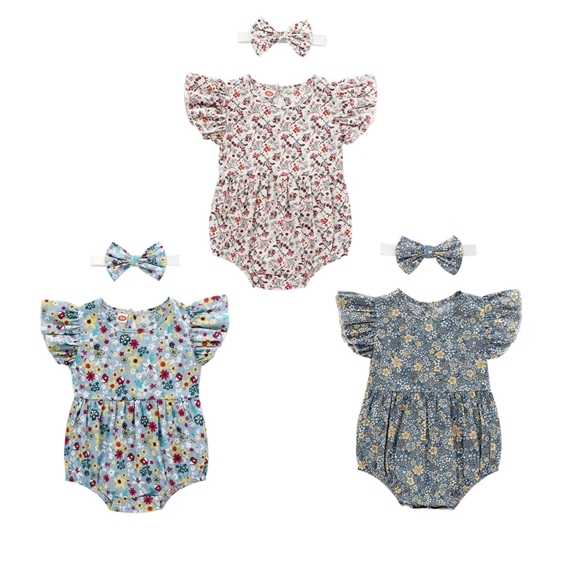 

BY 2Pcs Girl’s Flower Printed Bodysuits Sets Fly Sleeve Round Neck Triangle Bodysuit with Headband for 0-24 Babies Summer Wear