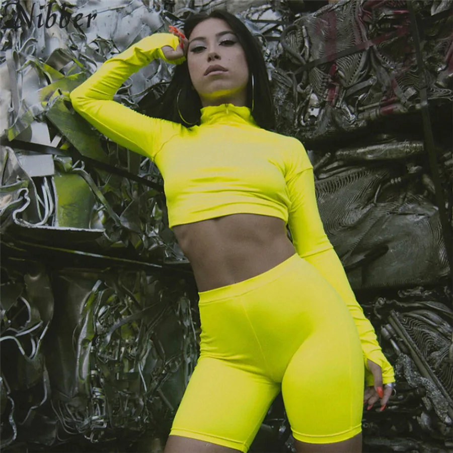 

New Female Fluorescence Fitness 2 Pieces Sets 2019 fashion Full Sleeve Zipper Turtleneck Tops And High Waist Shorts Suits