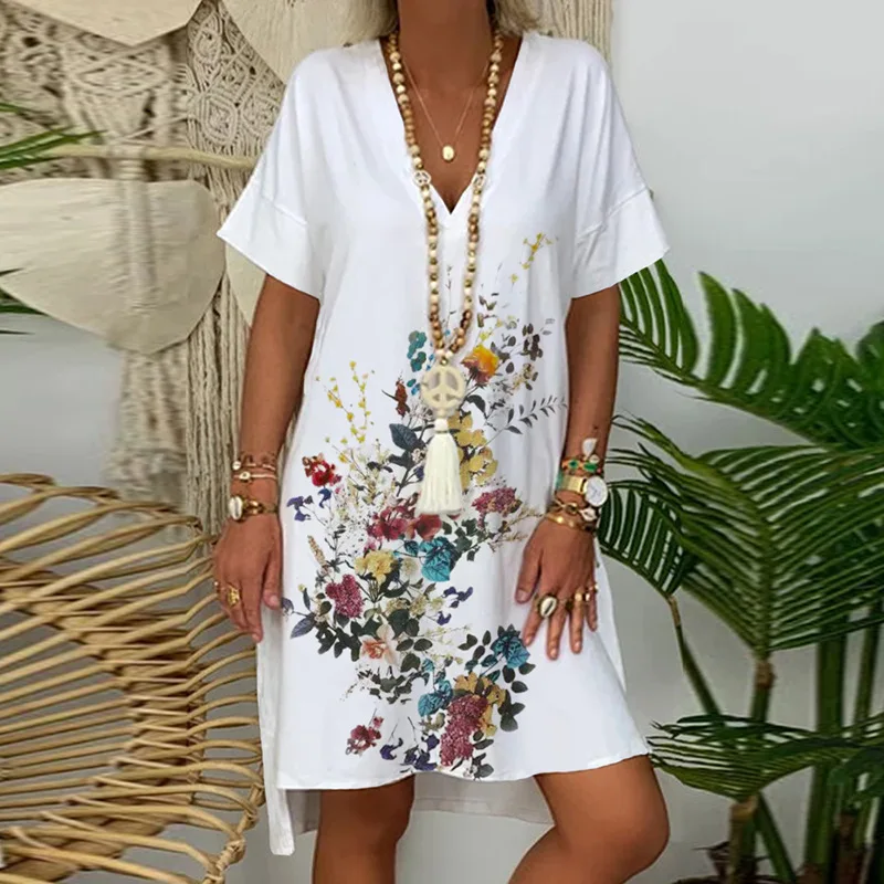 

Plus Size Summer Dress Women Fashion Print Short Sleeve V-Neck Loose A-LINE Mini Dresses for Women Lugentolo