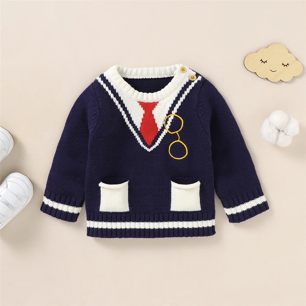 

0-18Months Newborn Baby Boy Long Sleeve Sweater Necktie Pattern Pockets Embroidery Eyeglasses Knitted Casual Tops Fall Winter