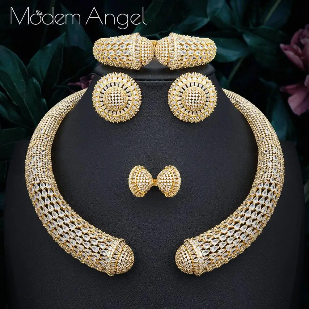 gold ModemAngel известный бренд диск Роскошные нигерийские Свадебные невесты кубического циркония ожерелье Дубай 4 шт. комплект ювелирных изделий - Окраска металла: gold