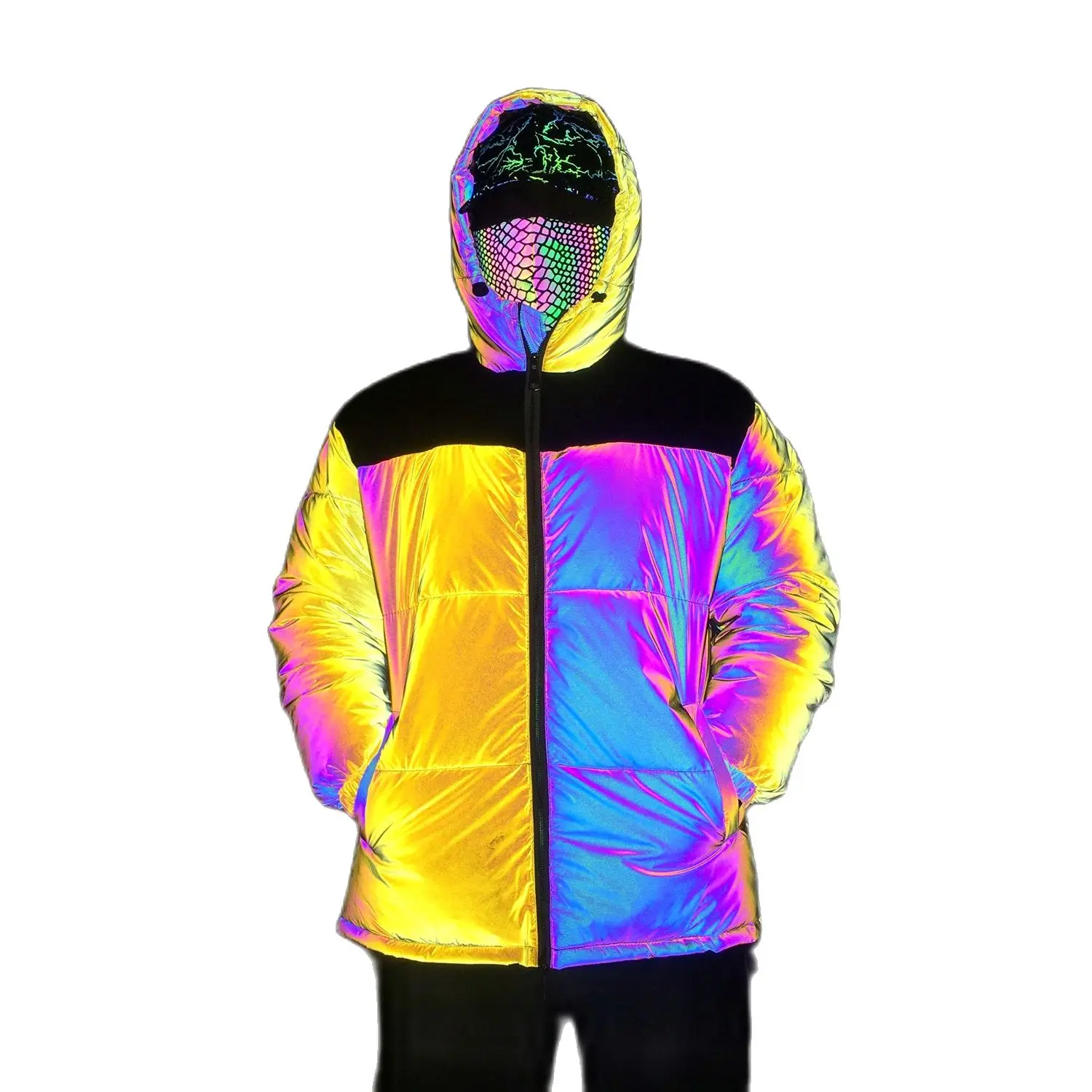 

Balck Yellow Patchwork Colorful Reflective Jacket Winter Coat Men Women Fashion Night Reflect Light Abrigo Hombre