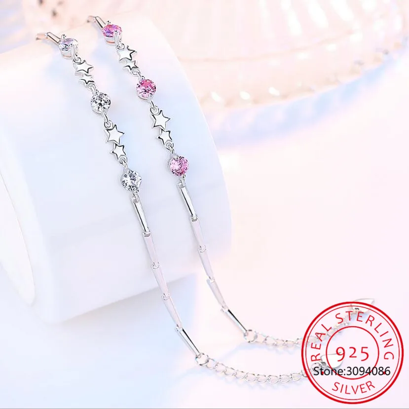 

925 sterling silver new Jewelry Bracelet High Quality Retro Simple Colored Pentagram Star Cubic Zirconia Length 17.5CM + 4CM