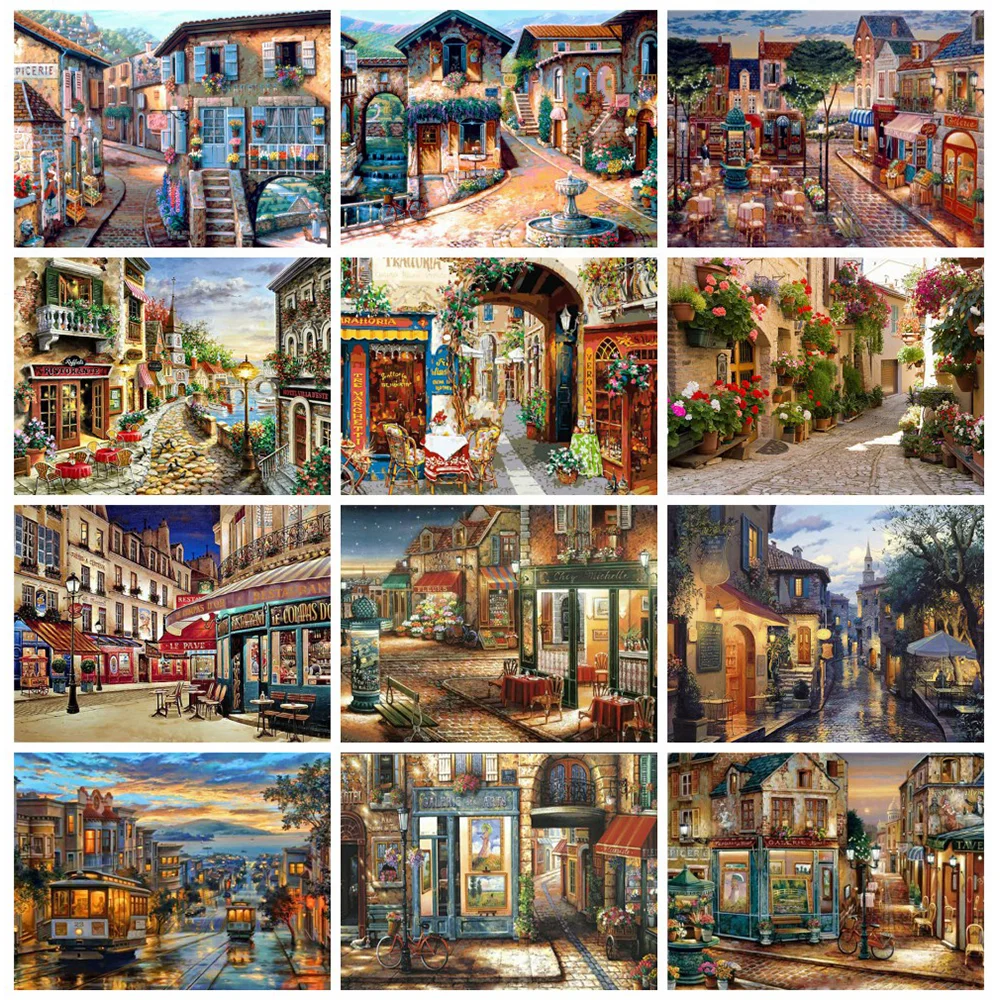 

Huacan Diamond Painting Street Landscape Diamond Embroidery Shop Mosaic Rhinestones Picture Living Room Decoration