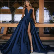 A-line High Side Slit Evening Dresses Sleeveless Sexy Deep V-neck Soft Satin Mermaid Prom Gowns Party Vestidos De Fiesta Custom (3)