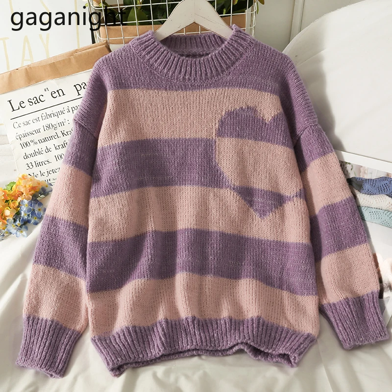 

Gaganight женский милый Свободный пуловер средней длины в форме сердца Новинка Осень-зима 2021 свитер в полоску с длинными рукавами
