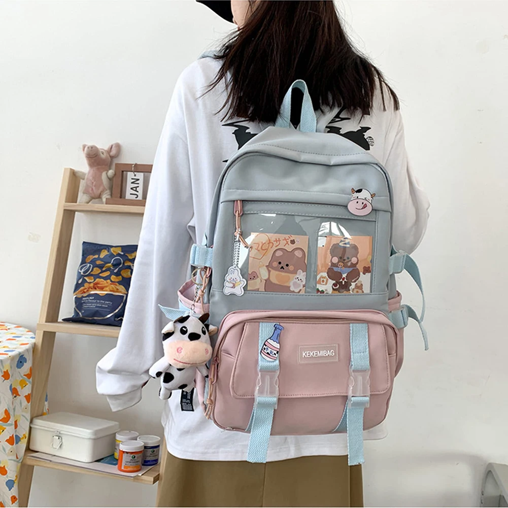 

Kawaii преппи холщовый вместительный рюкзак для девочек-подростков школьная сумка через плечо прозрачный карман с кармашком для карт плюшева...