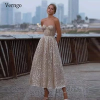 verngo 2021 new glitter gold champagne prom dresses sweetheart boning fitted slim tea length evening gowns formal party dress